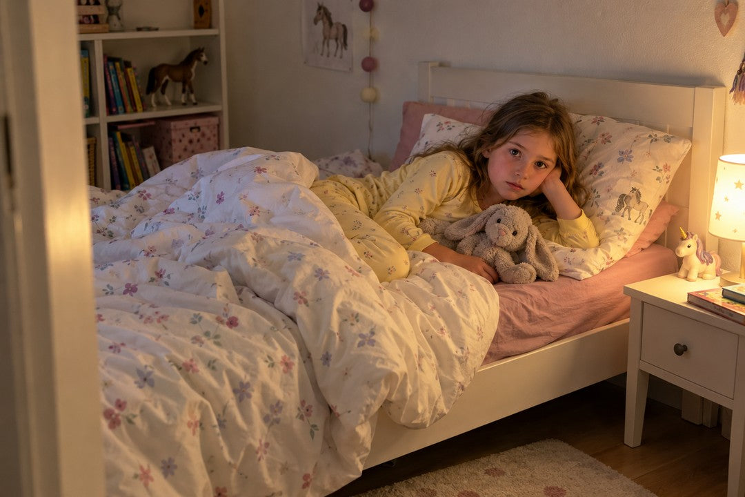 Kind liegt wach im Bett und schaut zur Decke